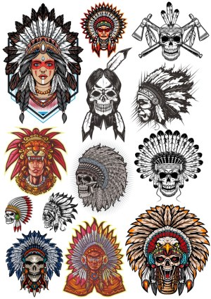 Native American Warrior and Skull Heads with Headdresses Vector Set Free Vector