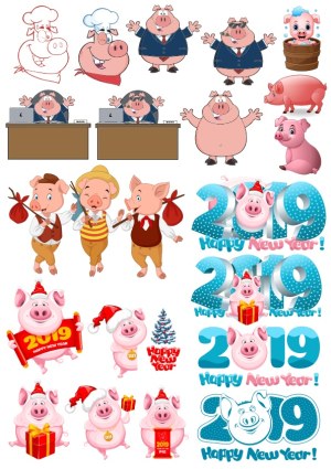 2019 Happy New Year Cartoon Pig Characters and Illustrations Free Vector