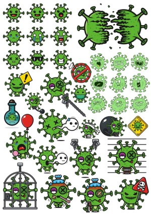 Cartoon covid-19 virus emoticons and icons set Free Vector