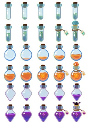 Set of Transparent Potion Bottles with Colored Liquids and Decorative Elements Free Vector