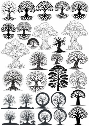 Vector Collection of Diverse Tree Silhouettes and Designs Free Vector