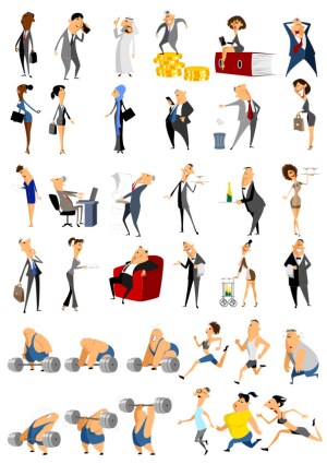 Diverse Cartoon Characters in Business, Service, and Fitness Activities Free Vector