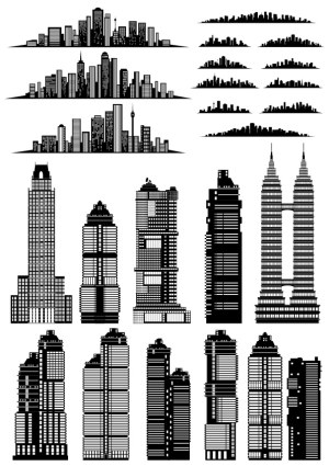 Set of Black and White City Skyline and High-Rise Building Vectors Free Vector