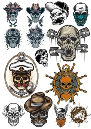 Collection of Stylized Skull Illustrations with Various Themes and Accessories Free Vector
