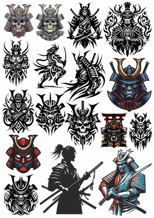 Samurai and Samurai Mask Vector Illustrations Collection Free Vector