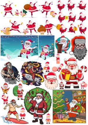 Variety of Cartoon Santa Claus Illustrations and Christmas Scenes Free Vector