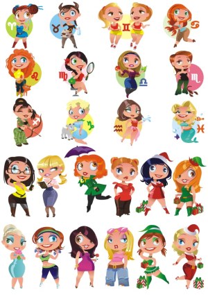 Cartoon Female Characters of Zodiac Signs and Holiday Themes Free Vector