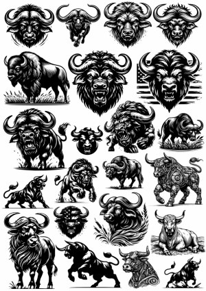 Detailed Black and White Buffalo and Bull Vector Illustrations Free Vector