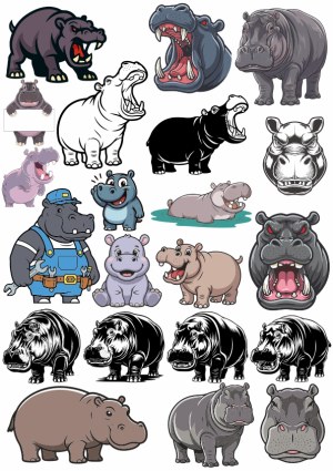 Hippo Cartoon and Realistic Vector Illustrations Collection Free Vector