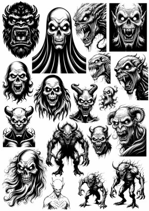 Black and White Gothic Horror Demon and Monster Vector Collection Free Vector
