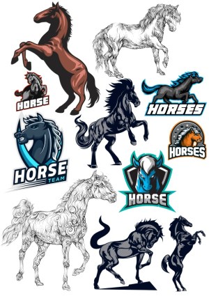 Set of Stylized Horse Vector Illustrations and Logos Free Vector