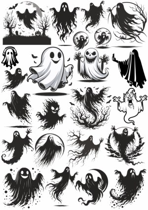 Black and White Halloween Ghosts Collection Free Vector