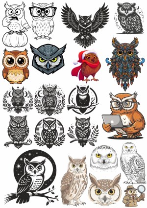 Collection of Diverse Owl Illustrations and Designs Free Vector
