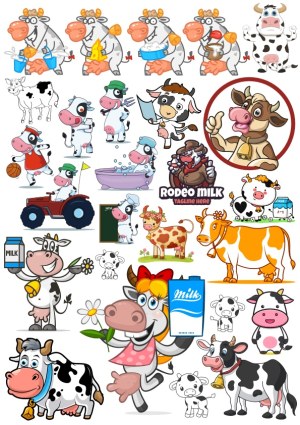 Cartoon Cow Characters and Dairy-Themed Illustrations Free Vector