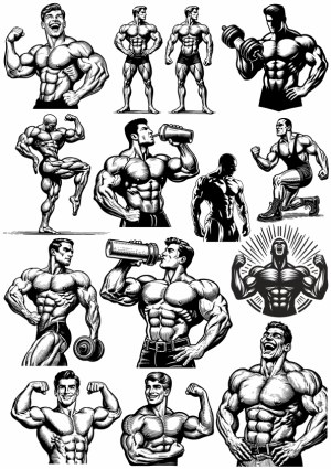 Vector Set of Muscular Men Posing and Exercising Free Vector
