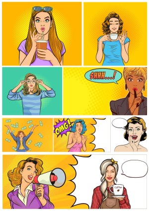 Pop Art Comic Style Women with Coffee, Emotions, and Speech Bubbles Free Vector