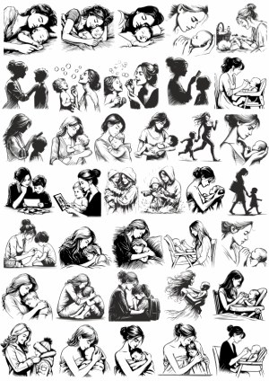 Set of Black and White Mother and Child Illustrations Free Vector