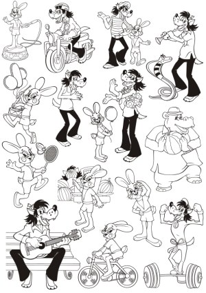 Black and White Cartoon Wolf and Rabbit Characters in Various Activities Free Vector