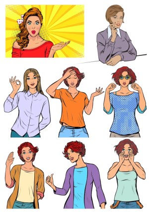 Set of diverse woman characters expressing various emotions in pop art style Free Vector
