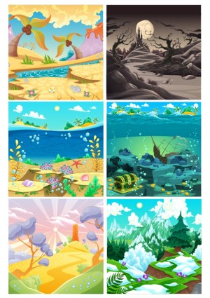 Six Fantasy Landscape Scenes Vector Collection Free Vector