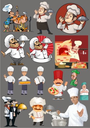 Collection of Cartoon and Realistic Chef Characters in Various Cooking and Serving Poses Free Vector