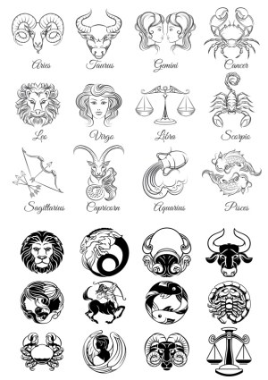 Zodiac Signs Vector Set with Line Art and Black Silhouettes Free Vector