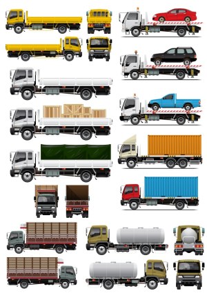 Set of Various Cargo Trucks and Tow Trucks with Different Loads Free Vector