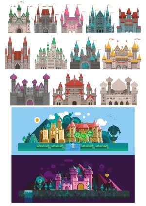 Collection of Colorful Fantasy Castle Vector Icons and Scenes Free Vector