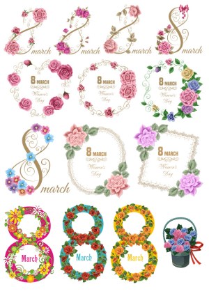 Floral 8 March Women's Day Decorative Frames and Bouquets Free Vector