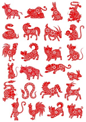 Red Chinese Zodiac Animal Silhouettes with Floral Patterns Free Vector