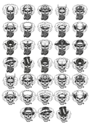 Monochrome Skull Heads with Various Hats and Accessories Vector Set Free Vector