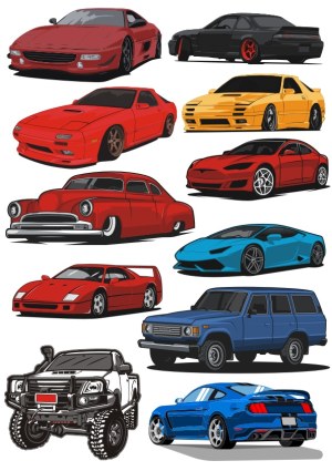 Collection of Various Modern and Classic Sports Cars and SUVs Vector Illustrations Free Vector