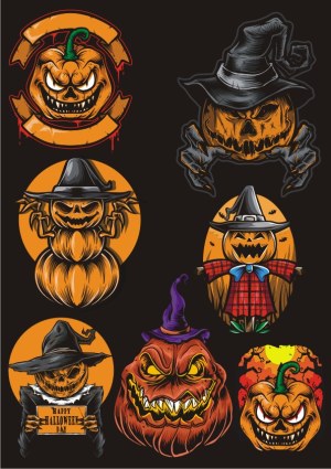Scary Halloween Pumpkin Vector Collection with Witches and Scarecrows Free Vector