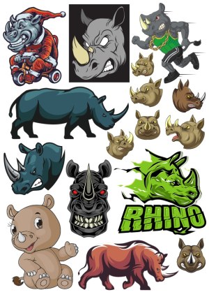 Collection of Rhino and Rhinoceros Cartoon and Mascot Vector Illustrations Free Vector