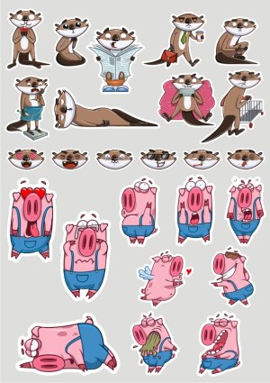 Otter and Pig Cartoon Character Sticker Set Free Vector