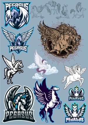 Variety of Pegasus and Winged Horse Vector Illustrations and Logos Free Vector