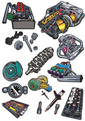 Detailed Vector Illustrations of Car Engine Parts and Components Free Vector