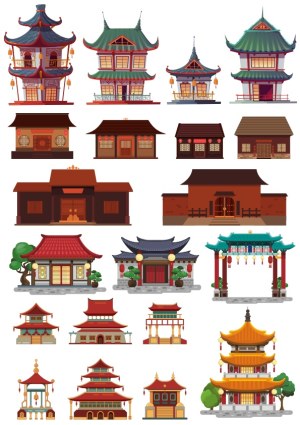 Set of Traditional Asian and Chinese Style Buildings and Gates Vector Free Vector