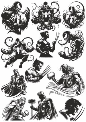Black and White Vector Illustrations of Marvel Superhero Characters Venom, Wolverine, and Thor Free Vector