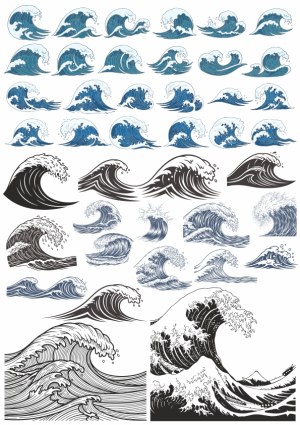 Collection of Stylized Ocean Wave Vectors in Various Artistic Styles Free Vector