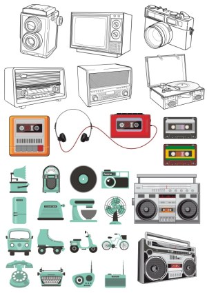 Vintage Electronics and Retro Lifestyle Vector Illustrations Free Vector
