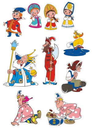 Vintage Cartoon Characters in Traditional and Fantasy Costumes Free Vector