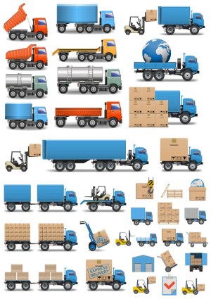 Vector Set of Cargo Trucks, Forklifts, and Delivery Boxes Free Vector