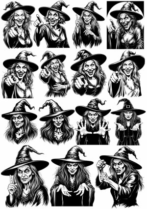 Set of Black and White Witch Illustrations in Various Poses Free Vector