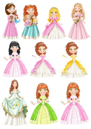 Set of Cartoon Princesses in Colorful Gowns and Tiara Illustrations Free Vector