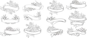 Floral Ribbon Banner Vector Set with Roses and Leaves Free Vector