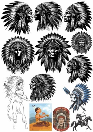 Native American Chief Headdresses and Cultural Illustrations Vector Set Free Vector