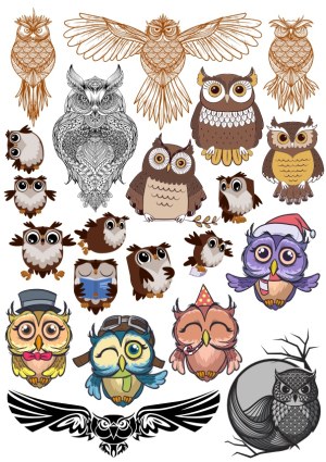 Various Cartoon and Ornate Owl Vector Illustrations Free Vector