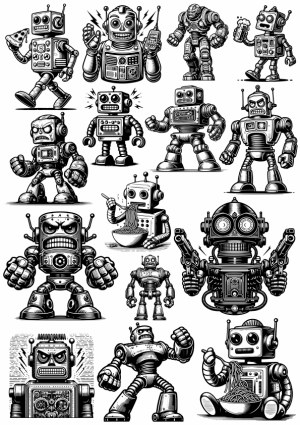 Retro Style Black and White Robot Characters Vector Illustrations Free Vector