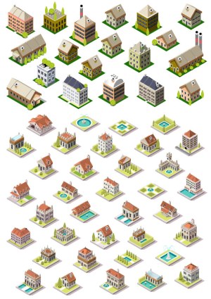 Isometric Vector Set of Various Residential and Public Buildings with Fountains Free Vector